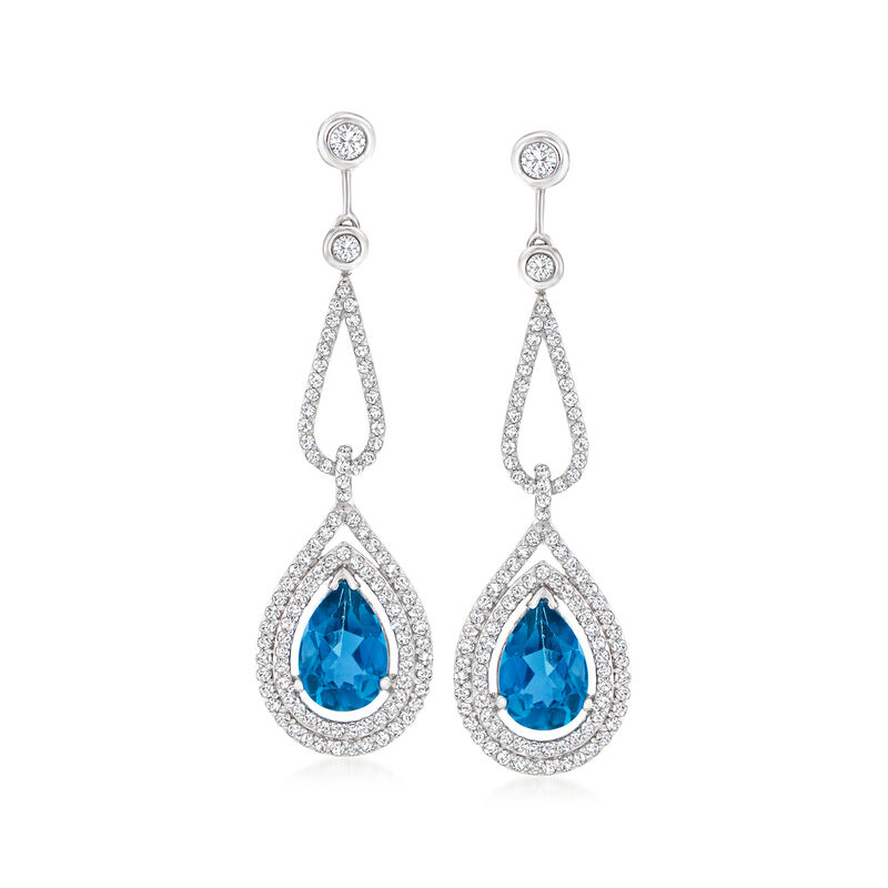 7.00 ct. t.w. London Blue Topaz and 1.40 ct. t.w. Diamond Drop Earrings in 14kt White Gold image number 0
