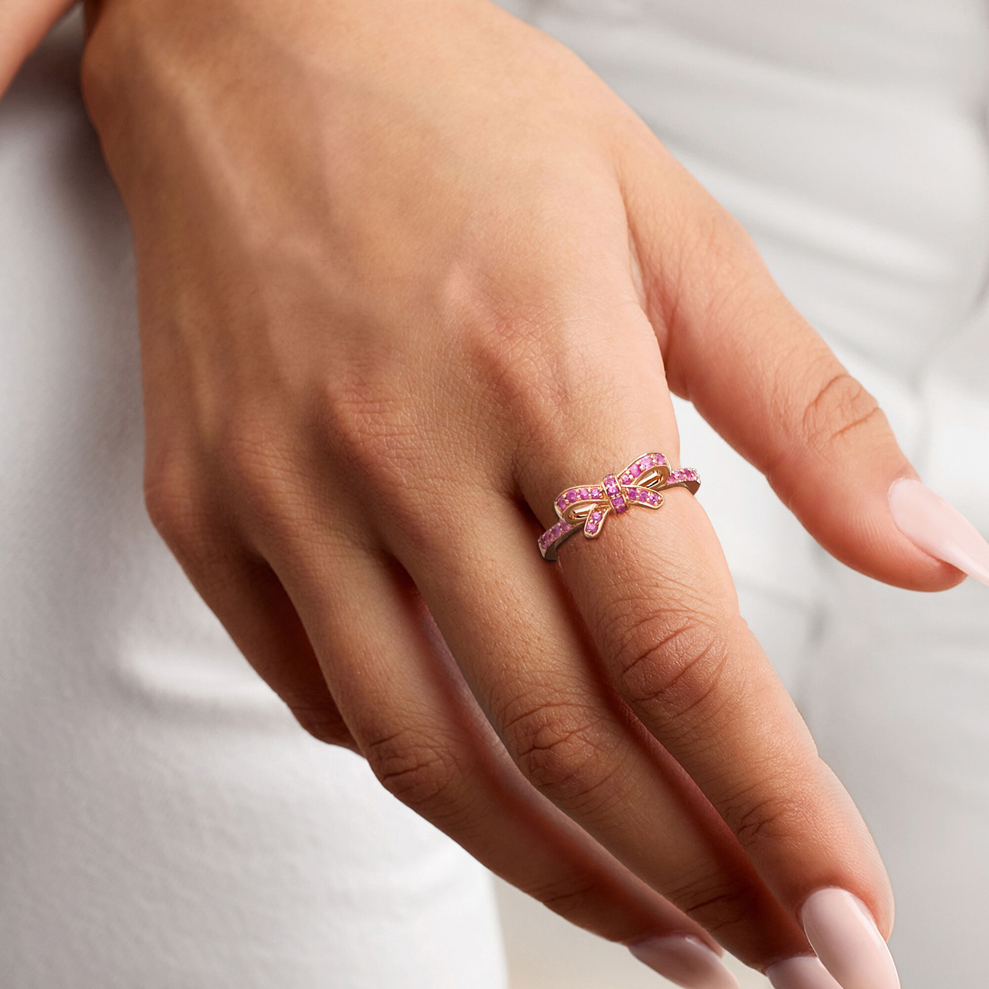 30 ct. t.w. Pink Sapphire Bow Ring in 18kt Rose Gold Over Sterling