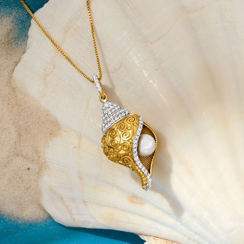 6mm Cultured Pearl and .40 ct. t.w. White Topaz Seashell Pendant Necklace in 18kt Gold Over Sterling. 18&quot; image number 4