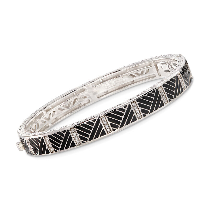 Belle Etoile &quot;Laguna&quot; Black Enamel and .64 ct. t.w. CZ Bangle Bracelet in Sterling Silver. 7&quot; image number 0