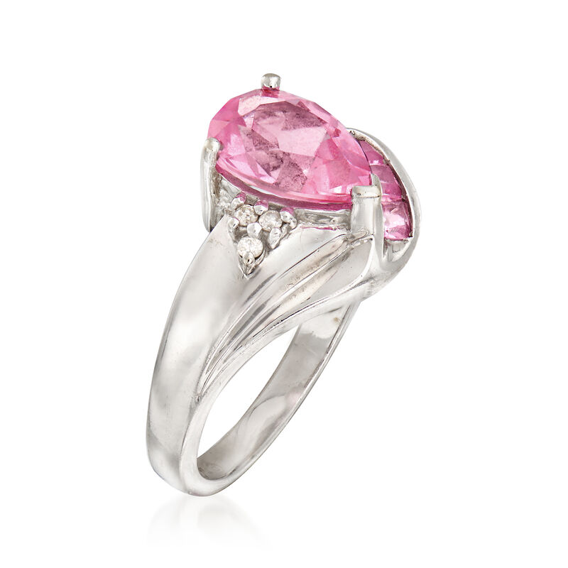 C. 1990 Vintage 2.70 Synthetic Pink Sapphire Ring with Diamond Accents in 10kt White Gold. Size 6.5 image number 2