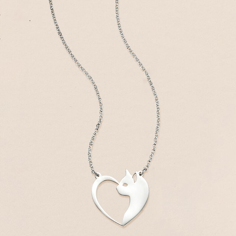 Sterling Silver Cat and Heart Necklace. 18&quot; image number 2