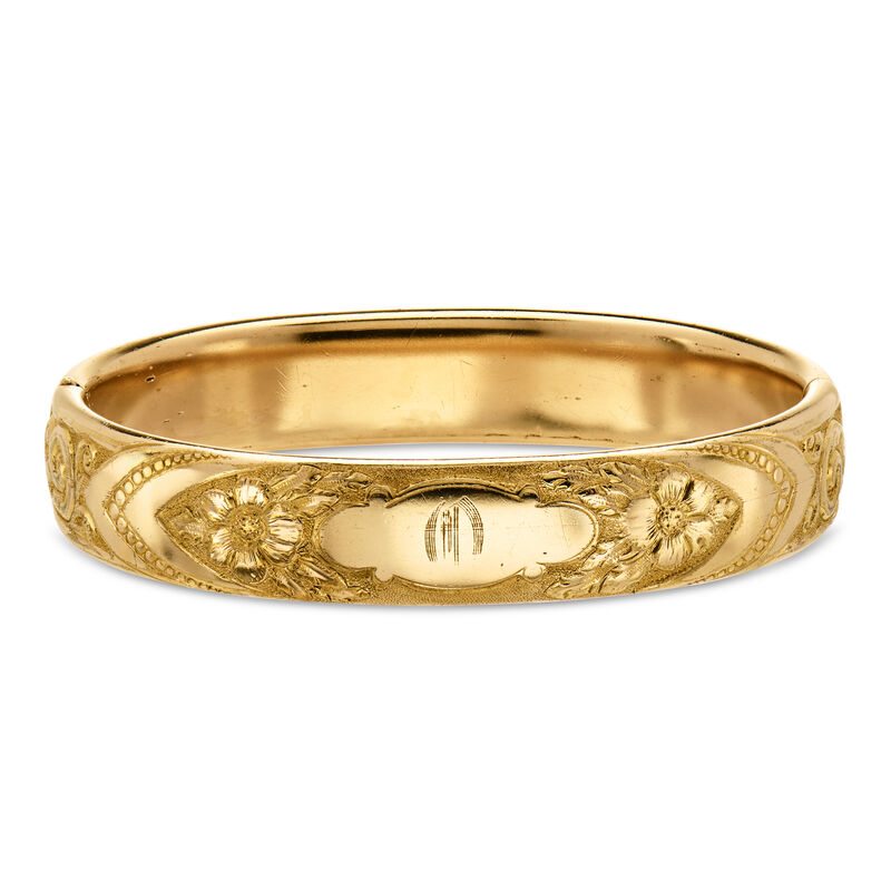 C. 1930 Vintage Gold-Filled Floral Etched Bangle Bracelet. 7.5" image number 0