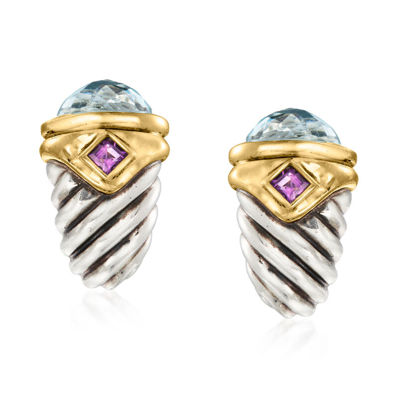 C. 1990 Vintage David Yurman 4.50 ct. t.w. Swiss Blue Topaz and .40 ct. t.w. Amethyst Earrings in Sterling Silver and 14kt Yellow Gold image number 0