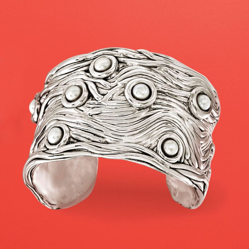 6-6.5mm Cultured Button Pearl Cuff Bracelet in Sterling Silver Over Resin image number 2