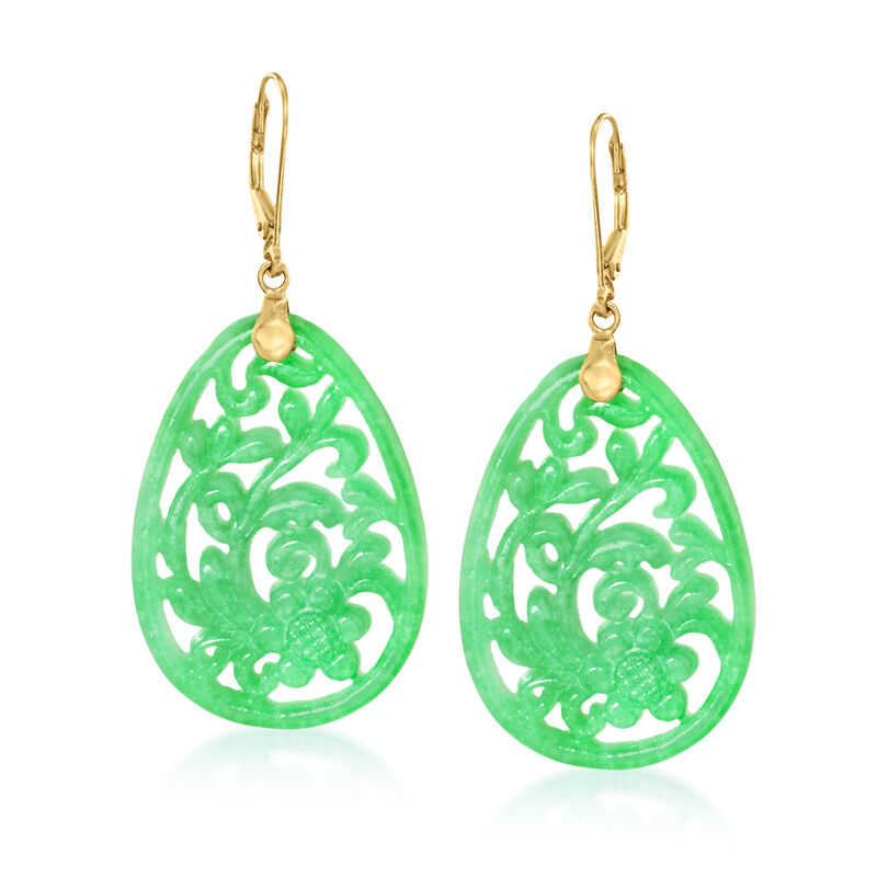 Carved Jade Floral Drop Earrings with 14kt Yellow Gold image number 0