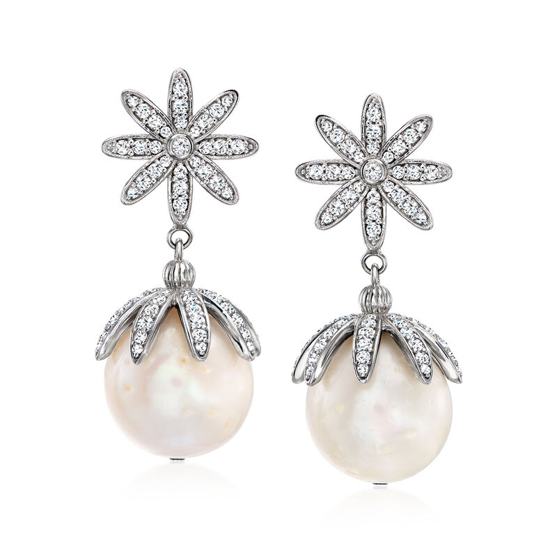 Italian 14-14.5mm Cultured Pearl and 1.30 ct. t.w. CZ Floral Drop Earrings in Sterling Silver  image number 0