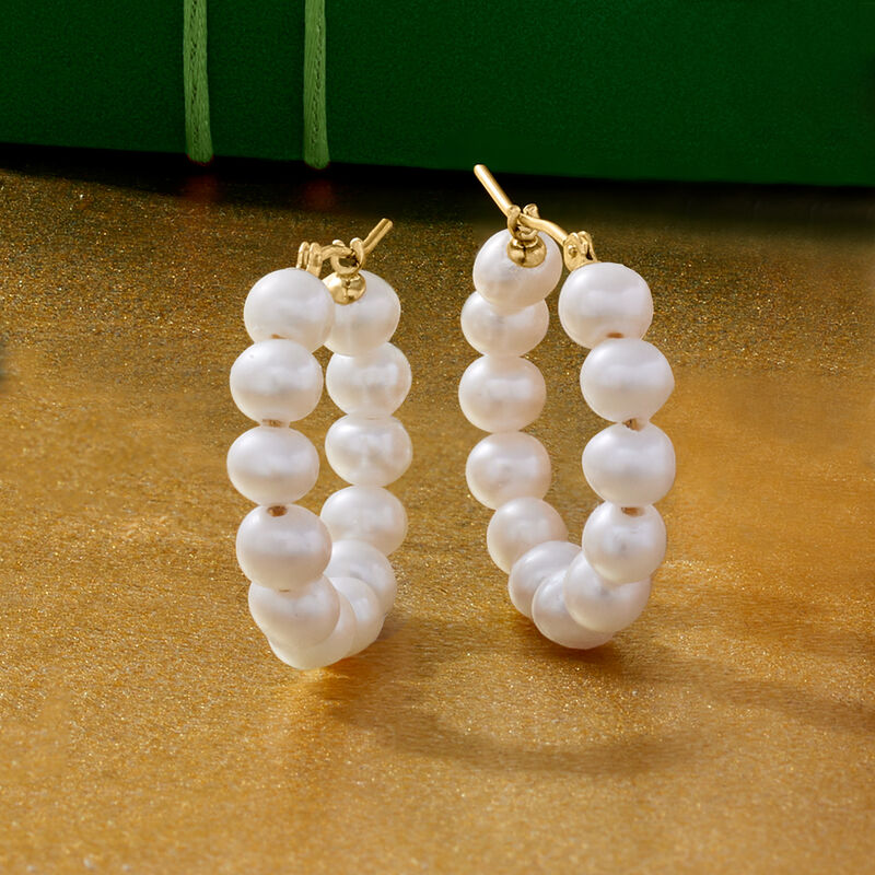 4-5mm Cultured Pearl Hoop Earrings in 14kt Yellow Gold. 7/8&quot; image number 4