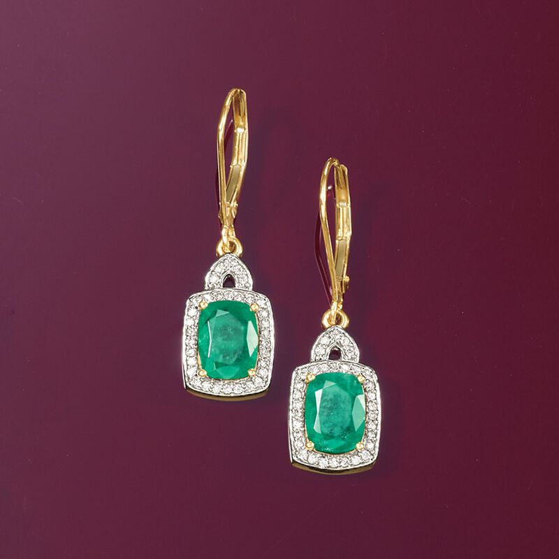 2.90 ct. t.w. Emerald and .26 ct. t.w. Diamond Drop Earrings in 14kt Yellow Gold image number 4
