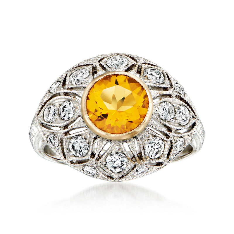 C. 1980 Vintage 1.05 Carat Citrine and .75 ct. t.w. Diamond Ring in 18kt White Gold. Size 6.5 image number 0