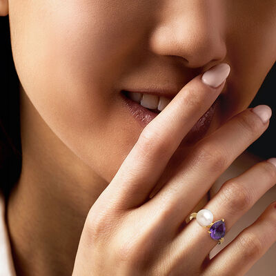 7-7.5mm Cultured Pearl and 1.80 Carat Amethyst Toi et Moi Ring in 18kt Gold Over Sterling