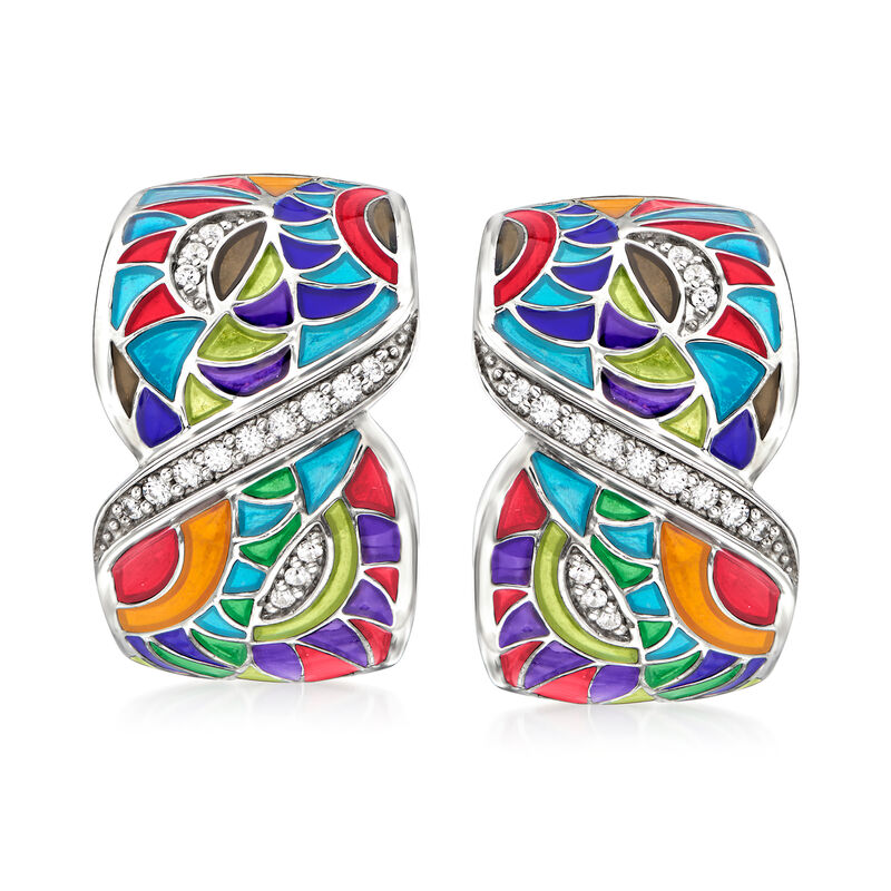 Belle Etoile &quot;Tropicalia&quot; Multicolored Enamel and .20 ct. t.w. CZ Earrings in Sterling Silver  image number 0