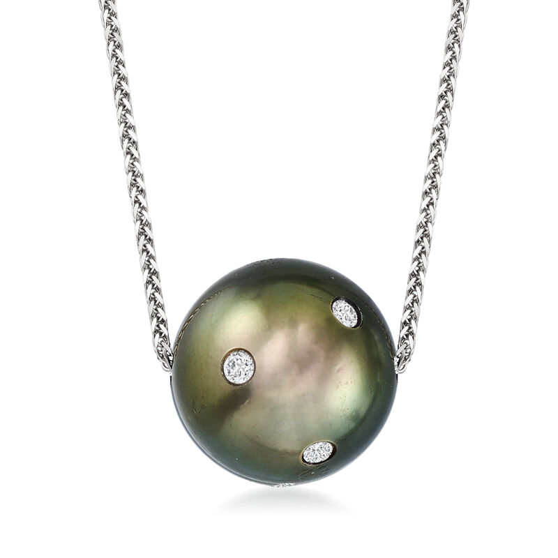 14-15mm Black Cultured Tahitian Pearl Necklace with .24 ct. t.w. Diamonds in 18kt White Gold. 18&quot; image number 1