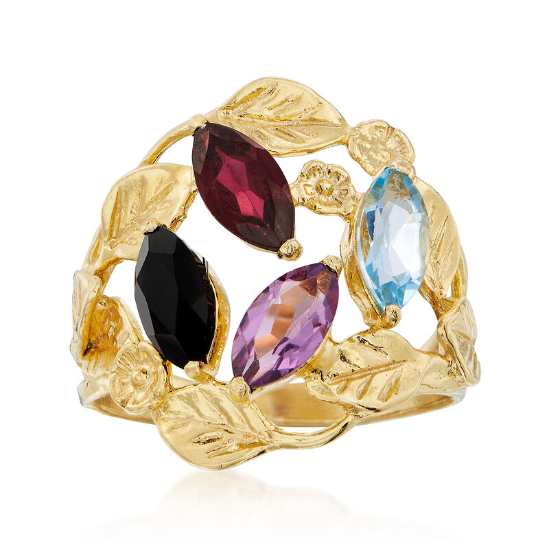 Black Onyx and 1.90 ct. t.w. Multi-Stone Leaf Ring in 18kt Gold Over Sterling image number 0