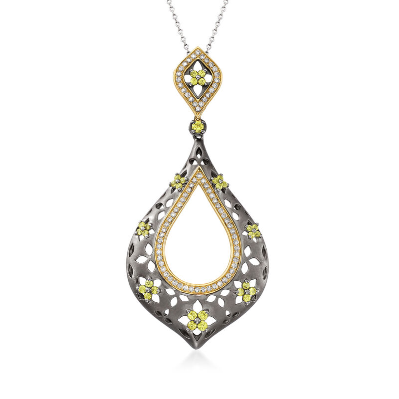 C. 1990 Vintage .65 ct. t.w. Diamond and .50 ct. t.w. Peridot Floral Teardrop Pendant Necklace in 14kt Two-Tone Gold. 18&quot; image number 0