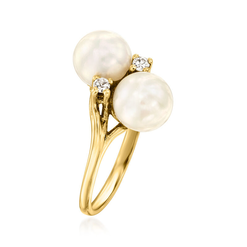 C. 1990 Vintage 7mm Cultured Double-Pearl Ring in 14kt Yellow Gold with Diamond Accents image number 2