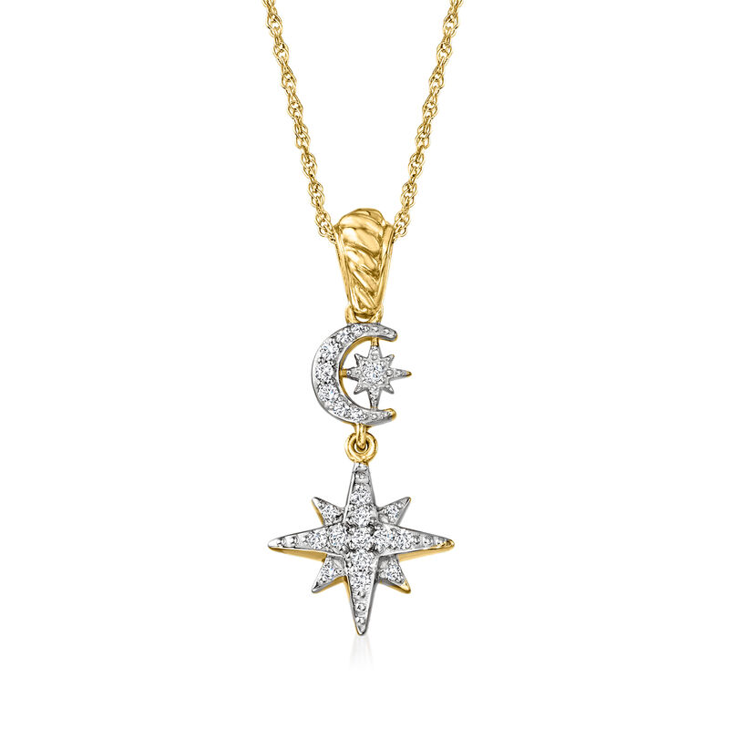 .20 ct. t.w. Diamond Star and Moon Pendant Necklace in 18kt Yellow Gold Over Sterling Silver. 18&quot; image number 1