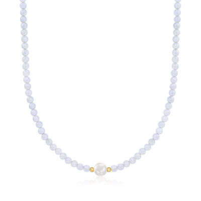 8.5-9mm Cultured Pearl and 4.5mm Blue Agate Bead Necklace with 18kt Gold Over Sterling