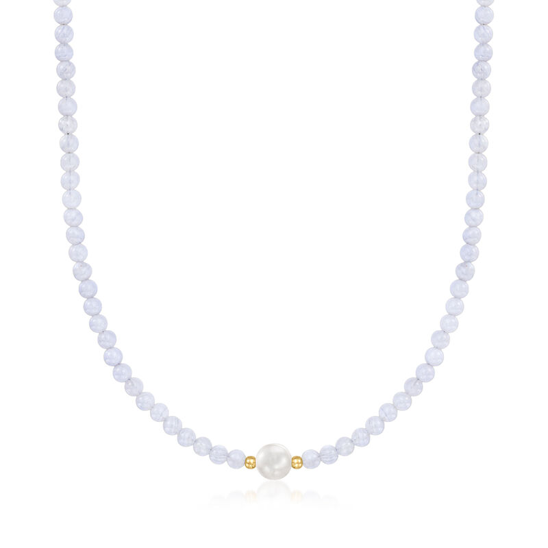 8.5-9mm Cultured Pearl and 4.5mm Blue Agate Bead Necklace with 18kt Gold Over Sterling image number 0