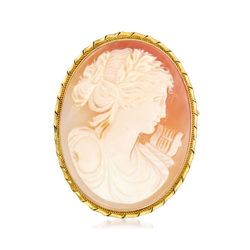 C. 1960 Vintage Pink Shell Woman with Harp Cameo Pin/Pendant in 18kt Yellow Gold image number 2
