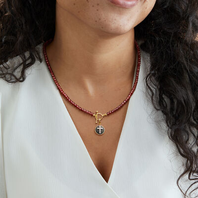 .11 ct. t.w. Lab-Grown Diamond Cross Charm with Black Agate in 18kt Gold Over Sterling