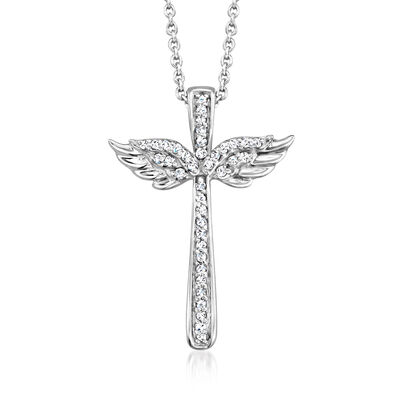 .10 ct. t.w. Diamond Winged Cross Pendant Necklace in Sterling Silver