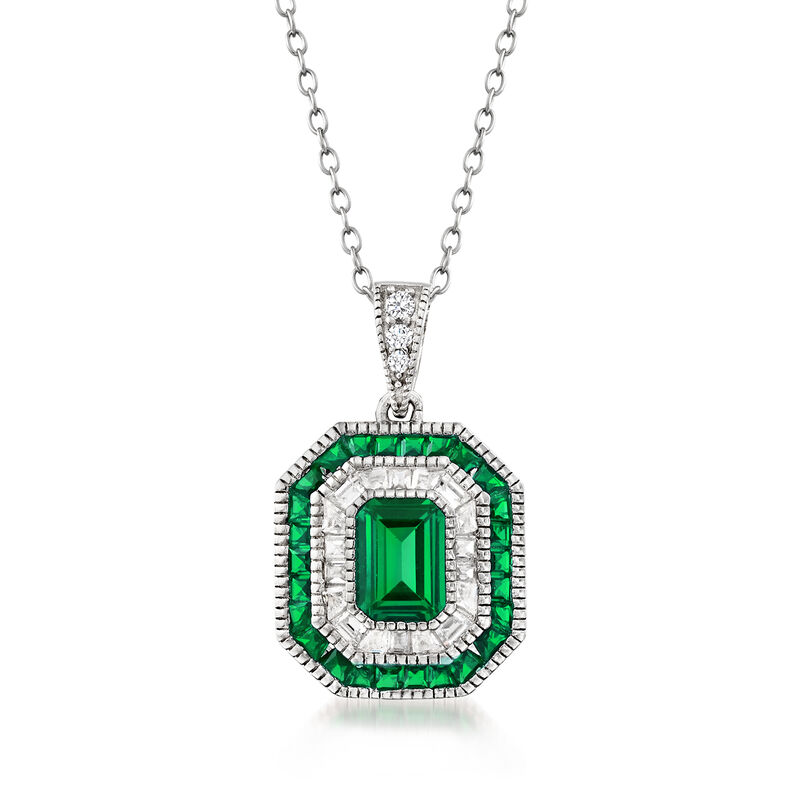 1.80 ct. t.w. Simulated Emerald and .52 ct. t.w. CZ Pendant Necklace in Sterling Silver image number 0