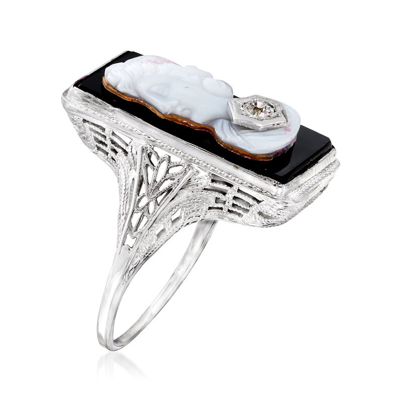 C. 1950 Vintage White Agate and Black Onyx Cameo Ring with Diamond Accent in 14kt White Gold image number 2