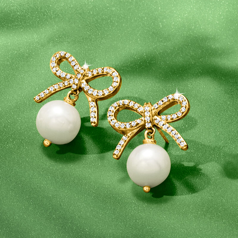 9-9.5mm Cultured Pearl and .50 ct. t.w. White Topaz Bow Drop Earrings in 18kt Gold Over Sterling  image number 2