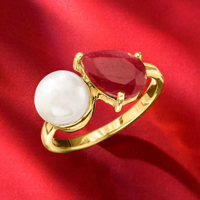 7.5-8mm Cultured Pearl and 3.00 Carat Ruby Toi et Moi Ring in 18kt Gold Over Sterling image number 3