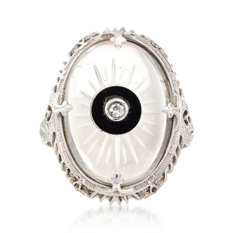 C. 1950 Vintage Black Onyx and Glass Ring with Diamond Accent in 14kt White Gold image number 0