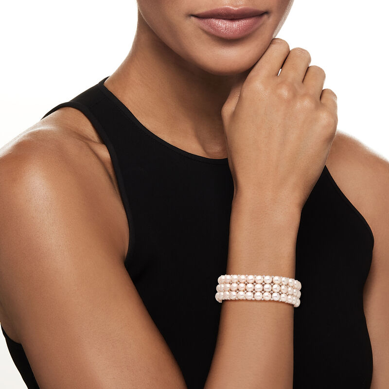 6-7mm Cultured Pearl Three-Row Stretch Bracelet. 7&quot; image number 1