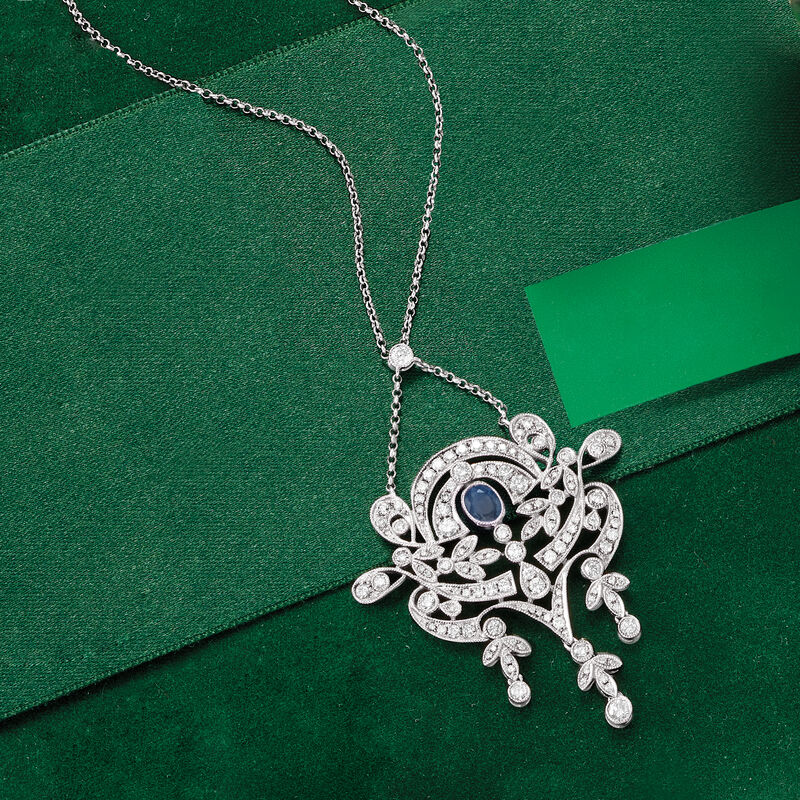 1.30 ct. t.w. Diamond and .30 Carat Sapphire Chandelier Necklace in 18kt White Gold image number 3