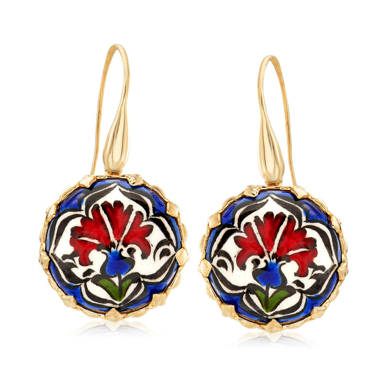 Hand-Painted Ceramic Floral Drop Earrings in 18kt Gold Over Sterling image number 0
