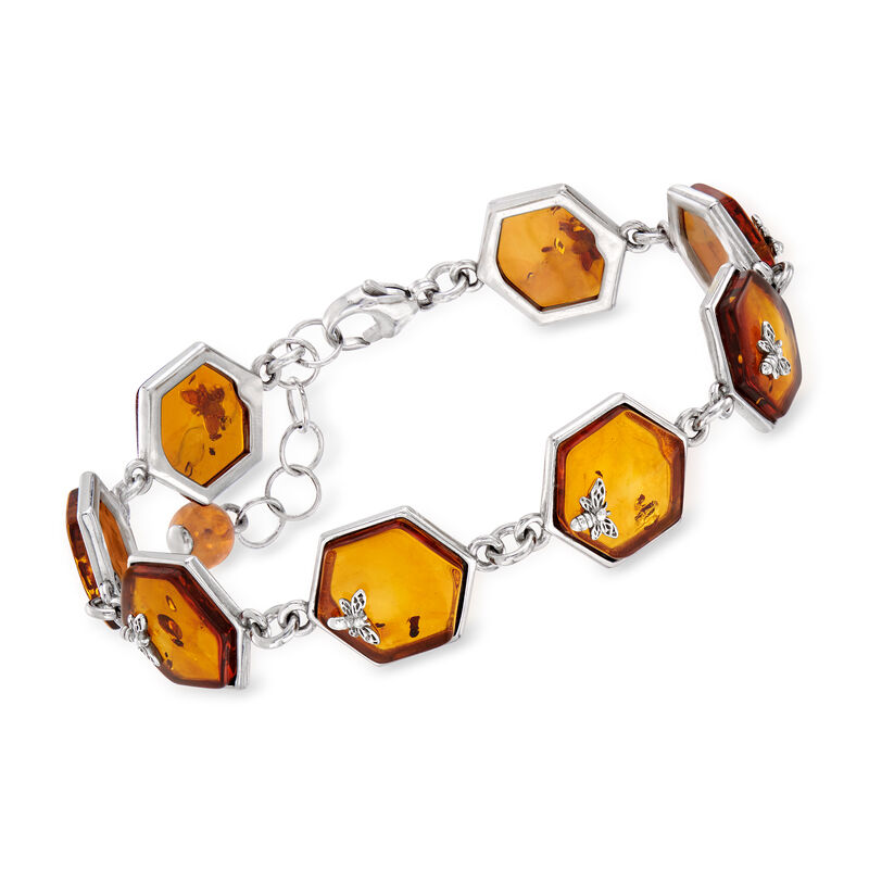 Amber Honeycomb and Bumblebee Bracelet in Sterling Silver. 7&quot; image number 0