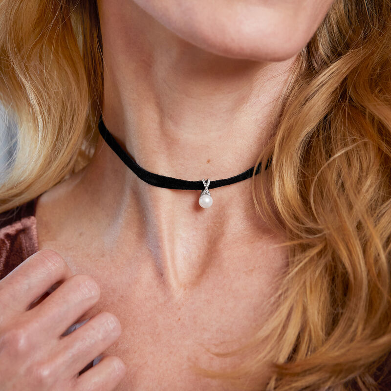 7-7.5mm Cultured Pearl and Diamond Pendant Choker Necklace with Sterling Silver and Black Velvet Cord. 13&quot; image number 3