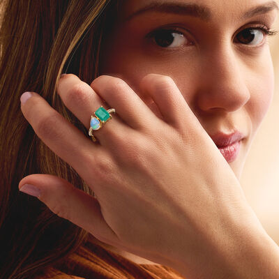 Opal and 1.80 Carat Emerald Toi et Moi Ring with .10 ct. t.w. White Topaz in 18kt Gold Over Sterling