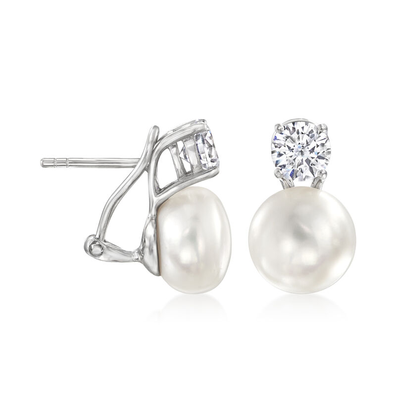Italian 10.5-11mm Cultured Pearl and 1.50 ct. t.w. CZ Drop Earrings in Sterling Silver image number 2