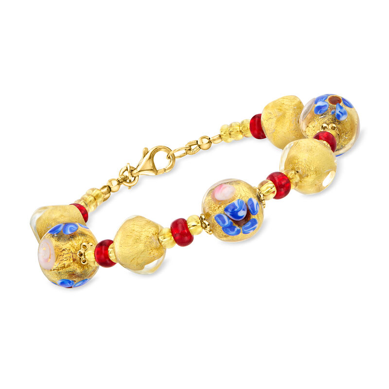 Italian Multicolored Murano Glass Floral Bead Bracelet with 18kt Gold Over Sterling. 7" image number 0
