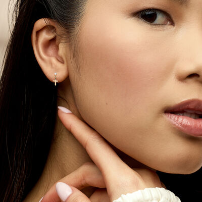 14kt Yellow Gold Cross Earrings with Lab-Grown Diamonds