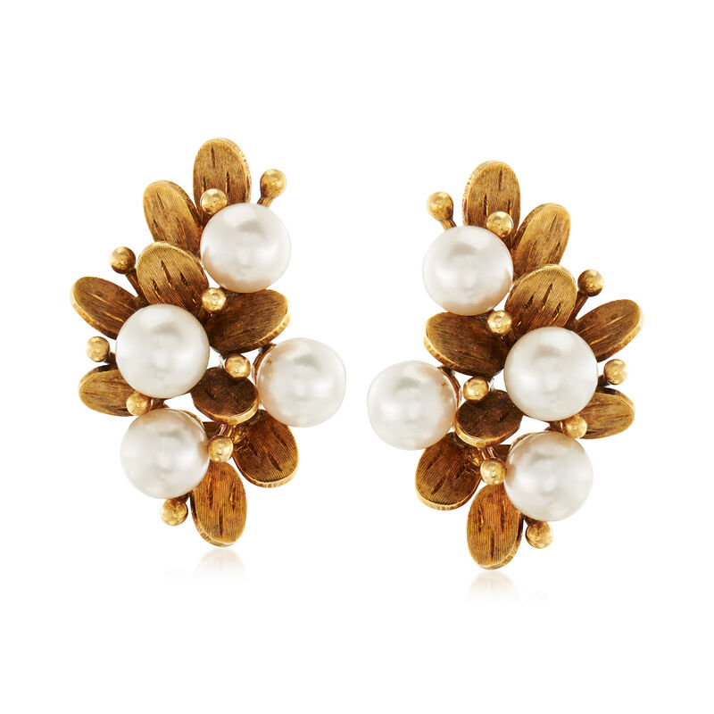 C. 1970 Vintage 6mm Cultured Pearl Floral Clip-On Earrings in 14kt Yellow Gold image number 0