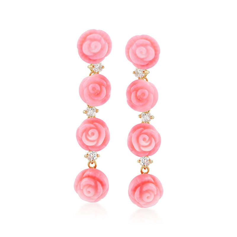 Pink Coral Rose and .70 ct. t.w. White Topaz Linear Earrings in 14kt Gold Over Sterling. 1 1/2&quot; image number 0