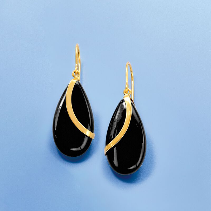 Pear-Shaped Onyx Drop Earrings in 14kt Yellow Gold. Earwire Earrings image number 3