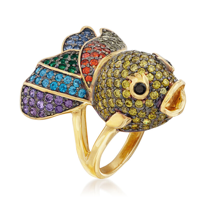 3.00 ct. t.w. Multicolored CZ Fish Ring in 18kt Gold Over Sterling image number 2