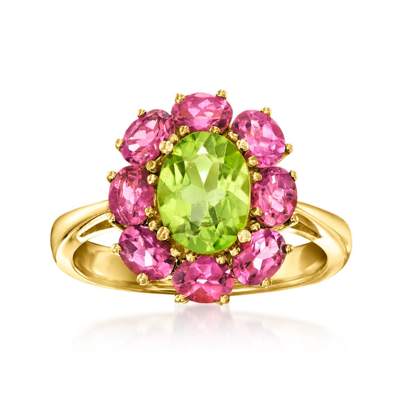 1.50 Carat Peridot and 1.60 ct. t.w. Pink Topaz Ring in 14kt Yellow Gold. Size 5 image number 0