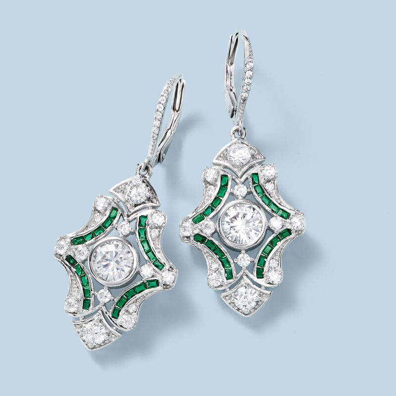 2.90 ct. t.w. CZ and .40 ct. t.w. Simulated Emerald Drop Earrings in Sterling Silver image number 2