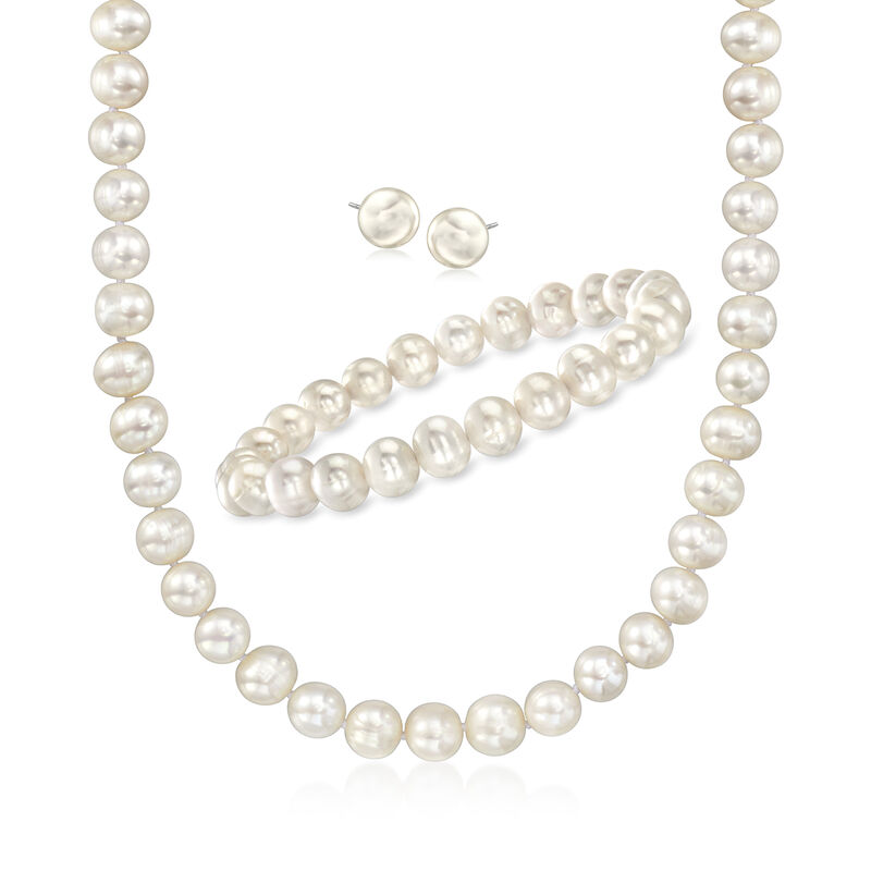 8.5-9mm Cultured Pearl Jewelry Set: Earrings, Bracelet and Necklace in Sterling Silver. 18&quot; image number 1