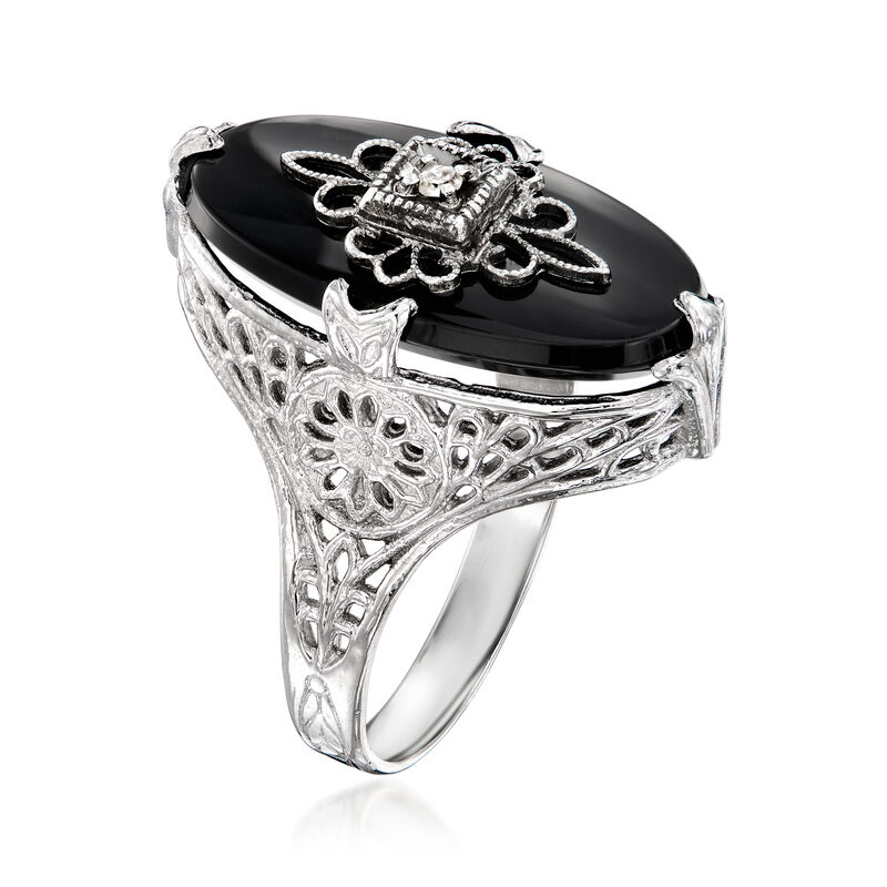 C. 1980 Vintage Onyx Ring with Single Diamond in 14kt White Gold. Size 5 image number 2