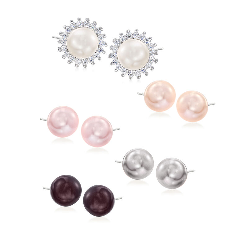 8-9mm Multicolored Cultured Pearl and .70 ct. t.w. CZ Jewelry Set: Five Pairs of Earrings with Earring Jackets in Sterling Silver image number 0