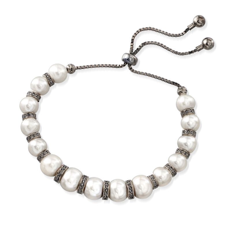 7-8.5mm Cultured Pearl and 1.00 ct. t.w. Black Spinel Bolo Bracelet in Sterling Silver with Black Rhodium image number 2